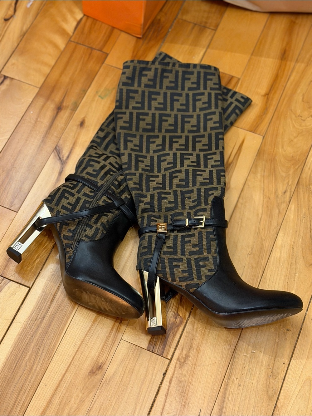 Fendi 105mm Traced Brown Leather Monogram FF Knee High Heel